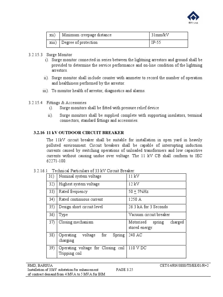 11kV Outdoor Circuit Breaker Technical Specifications | PDF | Switch ...
