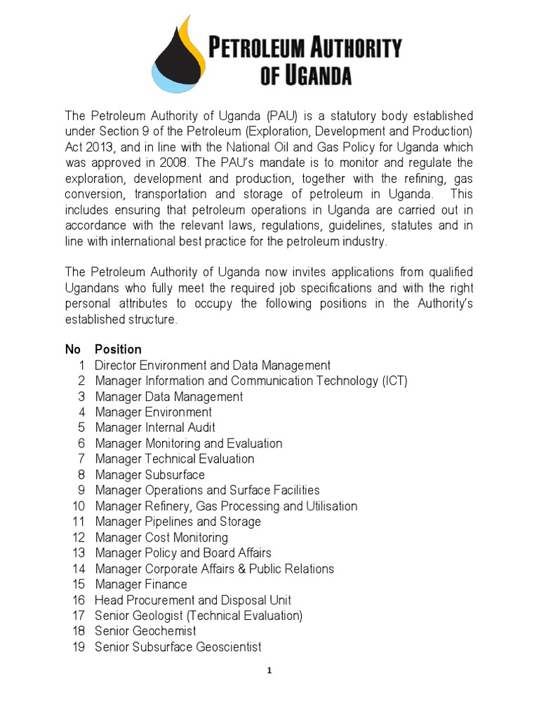 Petroleum Authority of Uganda Jobs Oil Refinery Petroleum