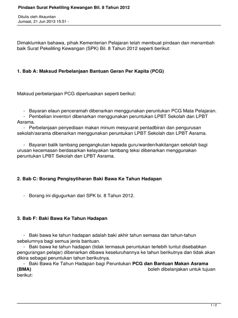 Pindaan Surat Pekeliling Kewangan Bil 8 Tahun 2012 1 Pdf