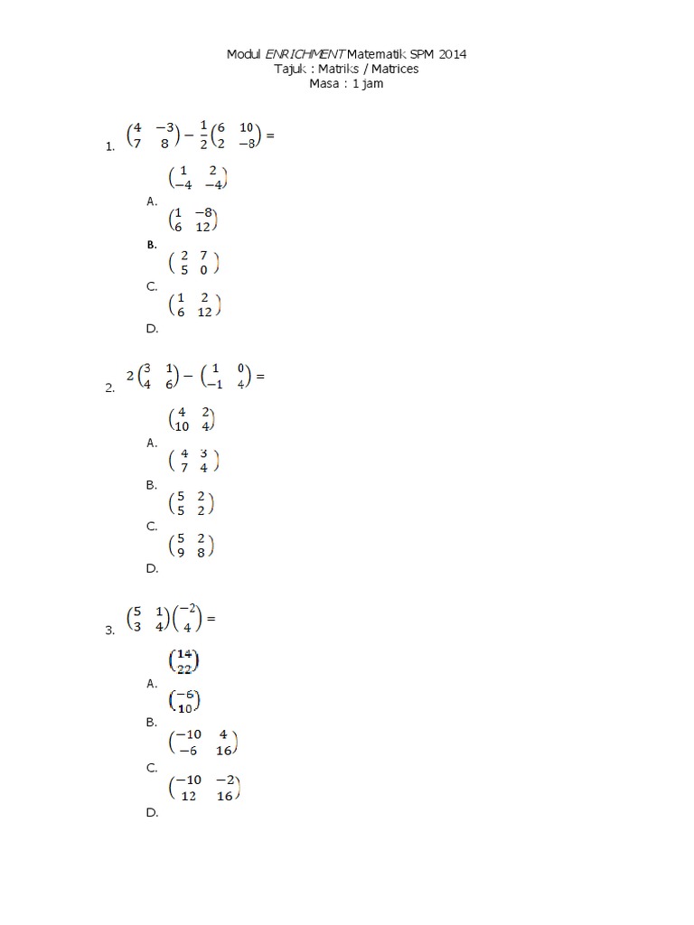 Modul Matematik SPM 2014 Tajuk: Matriks / Matrices Masa: 1 Jam | PDF