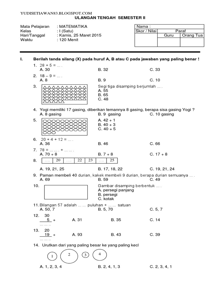 Soal Ukk Matematika Kelas 1 Sd 2021 Ktsp Pdf - Ruang Soal