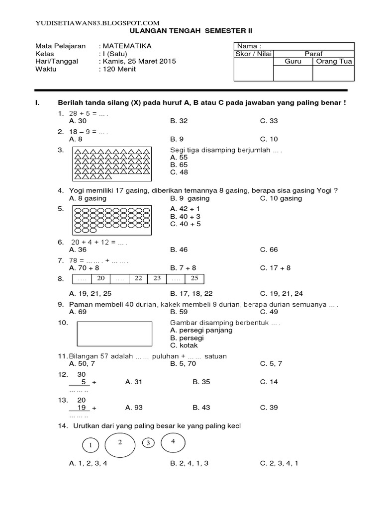Soal Uts Ktsp Matematika Kelas 1 Sd Semester 2 Pdf