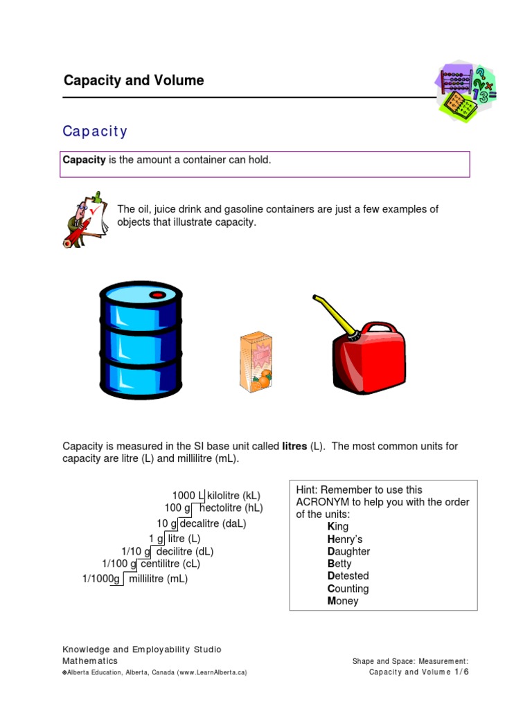 Capacity And Volume Pdf Litre Volume