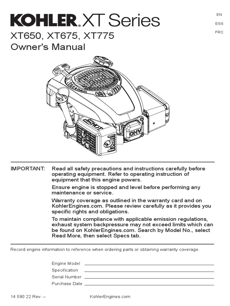 Kohler XT675 Owner's Manual 14 590 22 EN PDF Carburetor