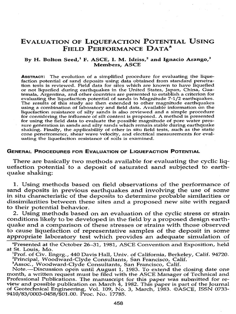 (1983 Seed and Idriss) Evaluation of Liquefaction Potential Using Field ...
