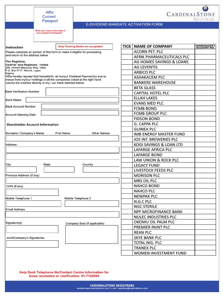 Cardinalstone Registrars e Dividend Mandate Form | PDF