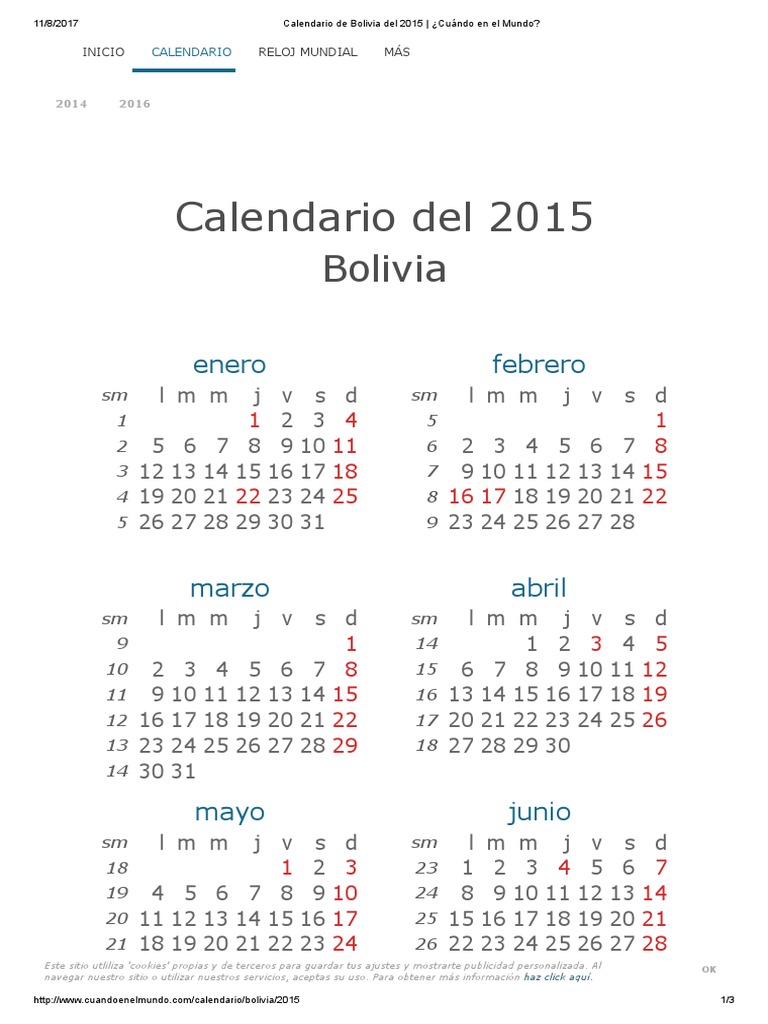 Calendario de Bolivia Del 2015 _ ¿Cuándo en El Mundo | Calendario