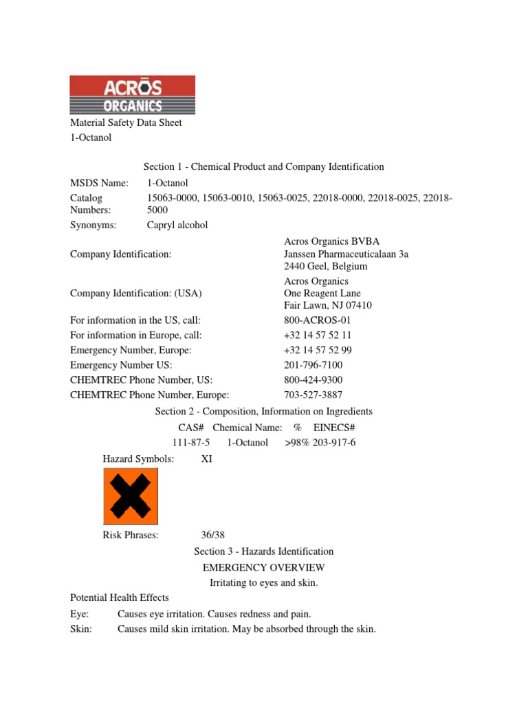 1-Octanol Safety Sheet | PDF | Personal Protective Equipment ...
