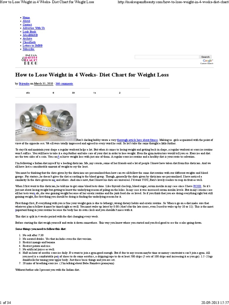 How To Lose Weight In 4 Weeks - Diet Chart For Weight Loss | Pdf |  Digestion | Dieting