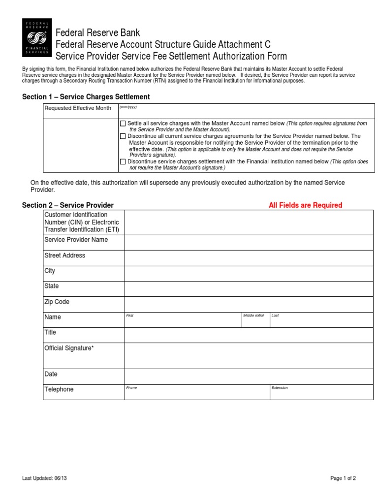 FEE Settlement Authorization 2 Fee Federal Reserve System