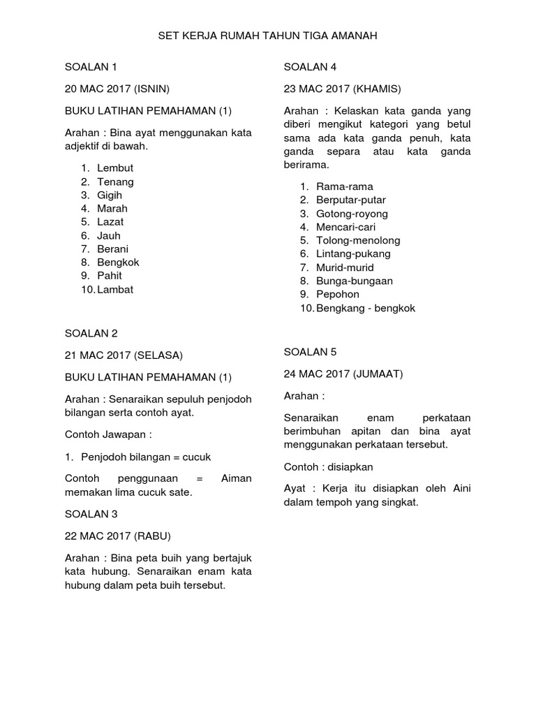 Set Kerja Rumah Tahun 3 Pdf