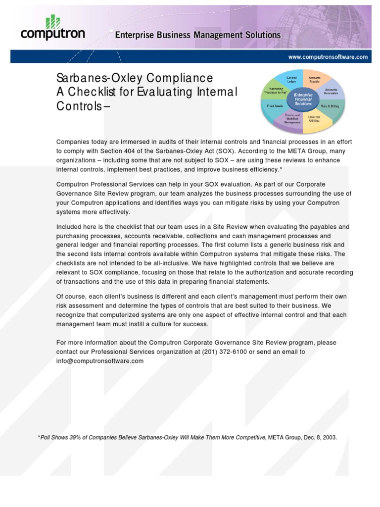 SarbanesOxley Compliance A Checklist For Evaluating Internal Controls PDF