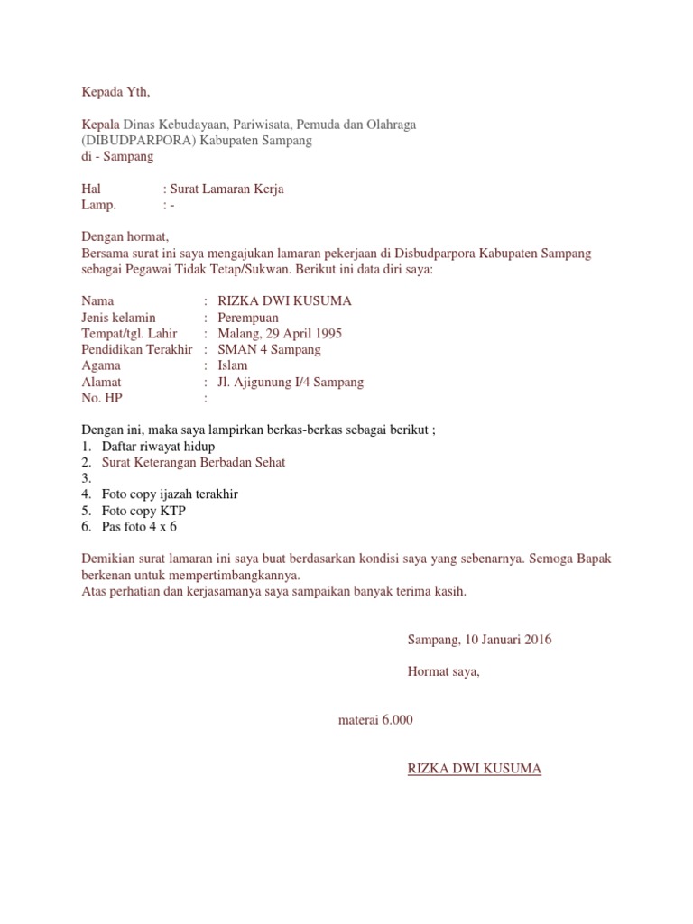 Contoh Surat Lamaran Kerja Untuk Kepala Dinas Bagi