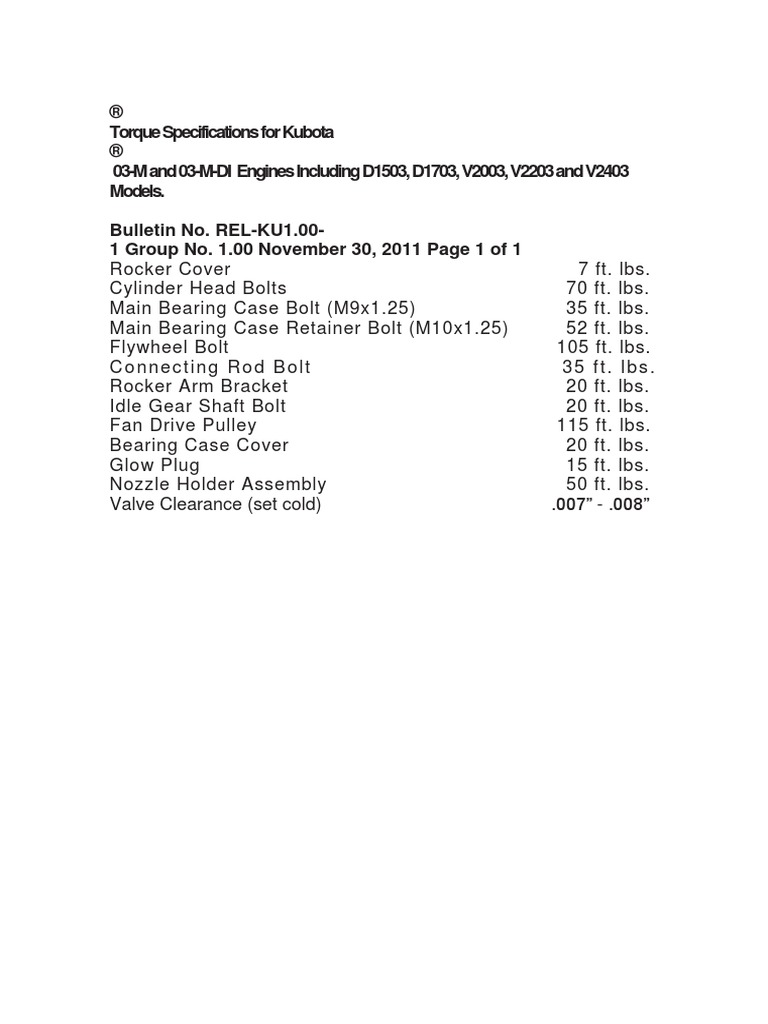 Torque Specifications for Kubota Engines Transportation Engineering
