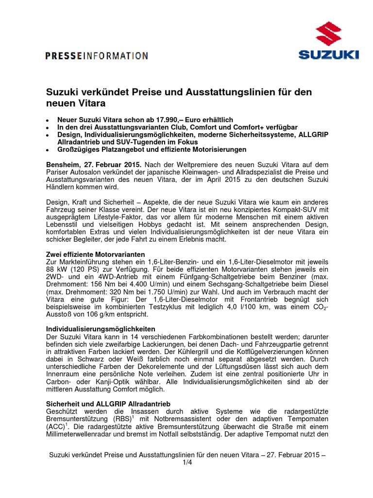 Suzuki Verkundet Preise Und Ausstattungslinien Fur Den Neuen Vitara