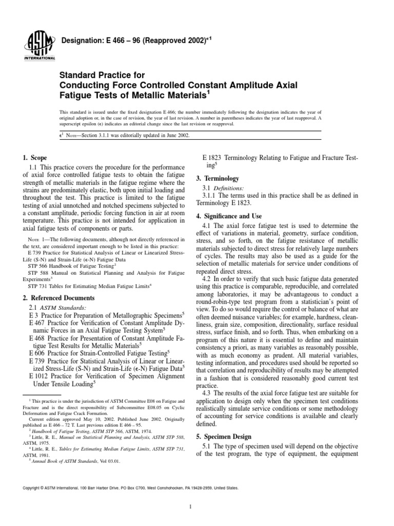 ASTM E466 Uji Fatik Logam PDF Fatigue (Material) Stress (Mechanics)