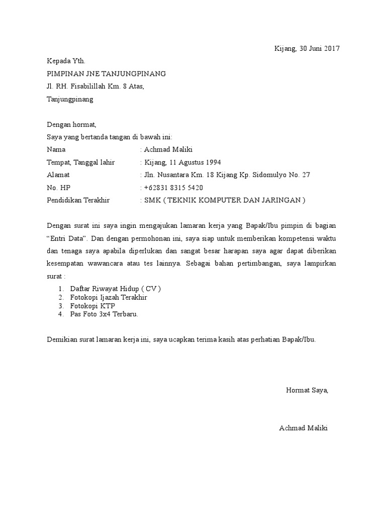 Surat Lamaran Kerja Jne