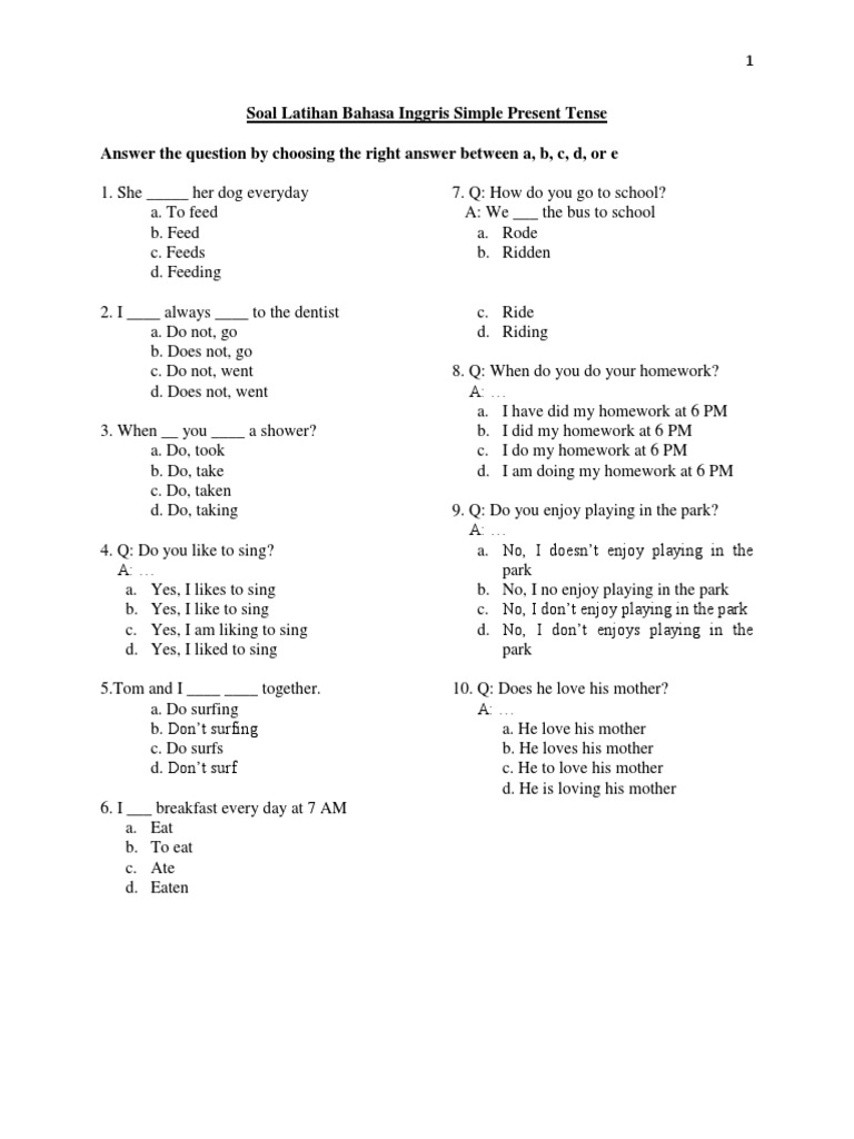 Contoh Soal Simple Present Tense Pilihan Ganda Smp