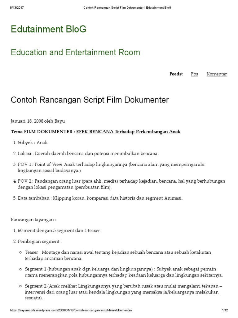 Contoh Rancangan Script Film Dokumenter Edutainment BloG
