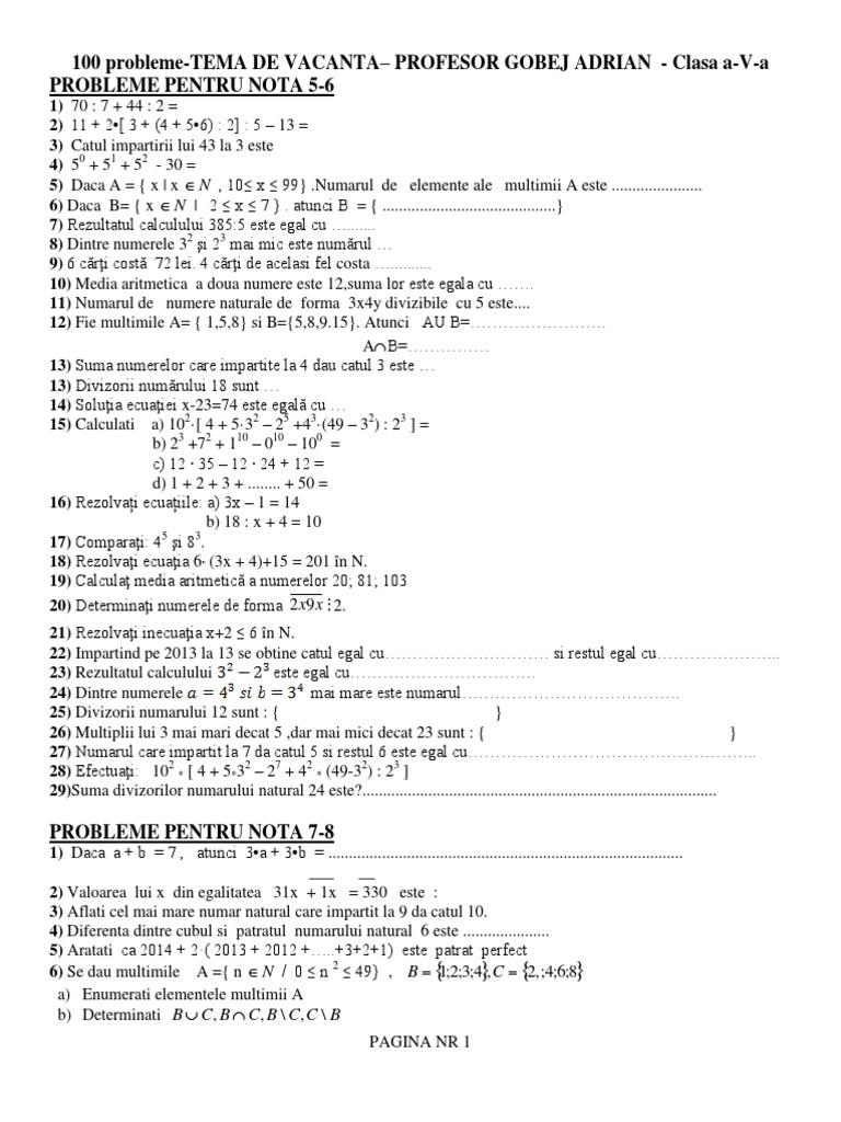 Probleme Matematica Clasa A V - A | PDF