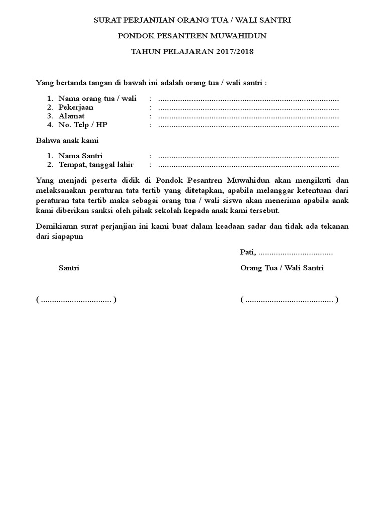 Surat Pernyataan Orang Tua Wali