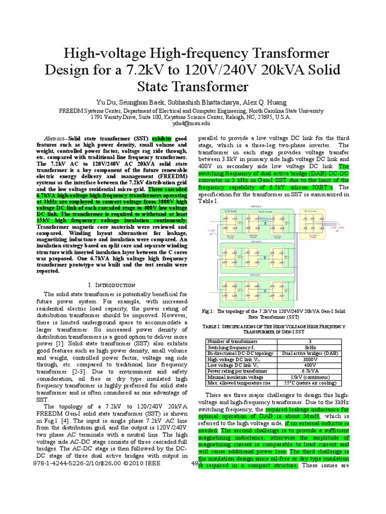 HighVoltage HighFrequency Transformer Design For A 7.2kV To 120V/240V