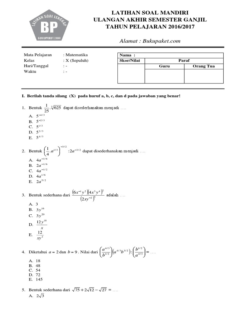 Latihan Soal UAS Matematika Kelas 10 Semester 1 pdf