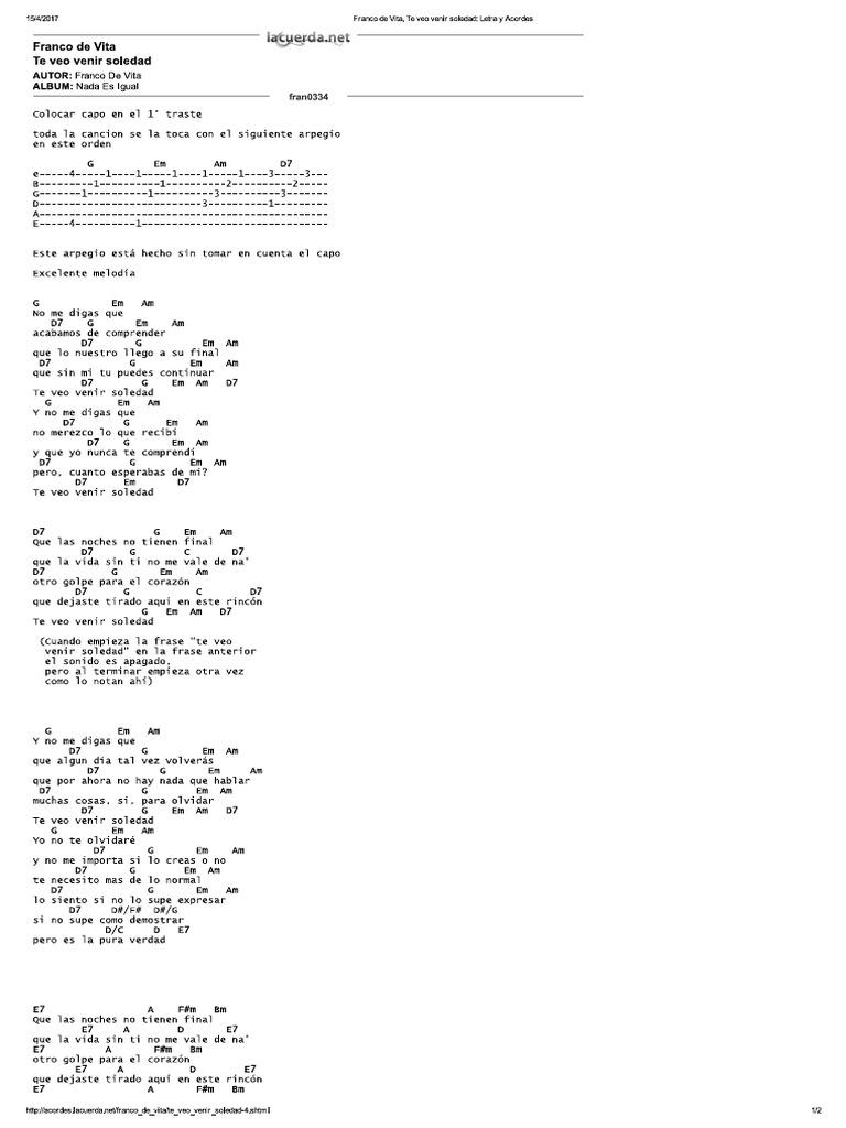 Franco de Vita, Te Veo Venir Soledad Letra y Acordes PDF