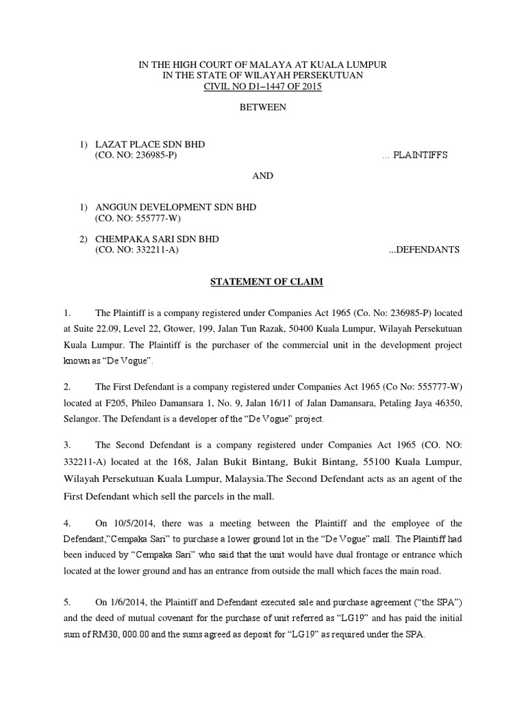 Statement Of Claim Private Law Civil Law Common Law