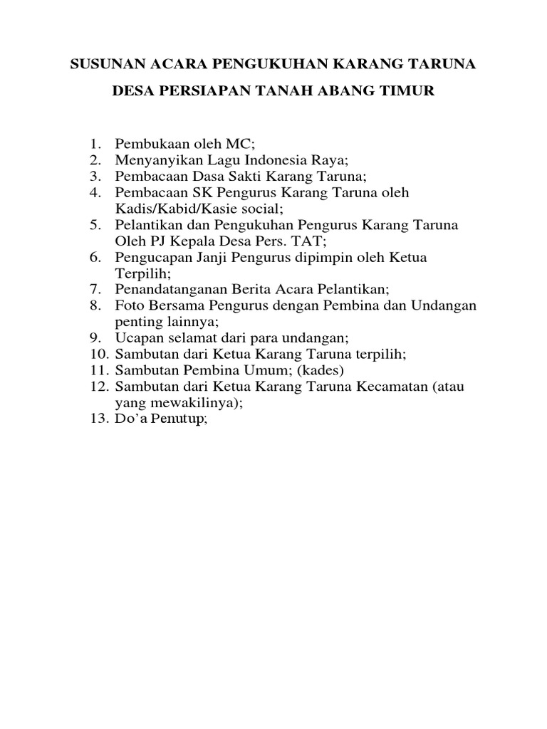 Susunan Acara Pengukuhan Karang Taruna