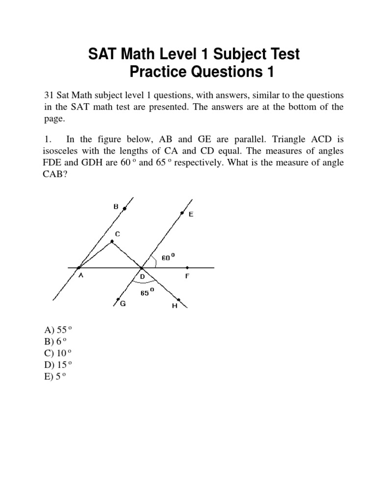Sat Math Level 1 Subject Test Practice Questions 1 | Pdf | Circle | Trigonometric Functions