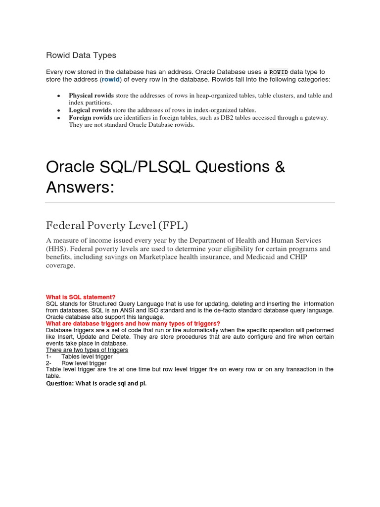 Oracle SQL/PLSQL Questions & Answers:: Federal Poverty Level (FPL) | PDF