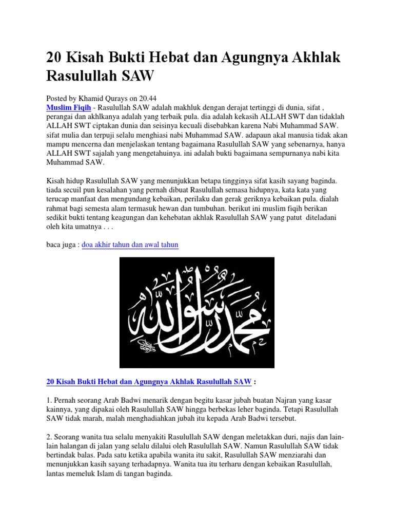 20 Kisah Bukti Hebat Dan Agungnya Akhlak Rasulullah Saw Pdf
