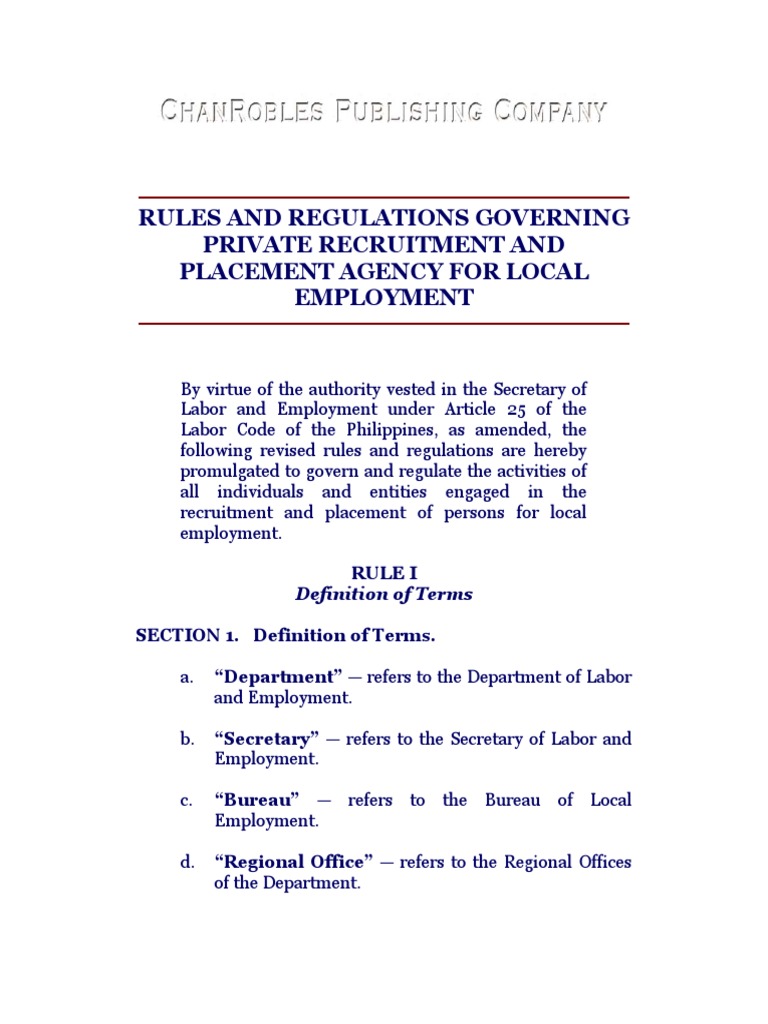 Rules and Regulations Governing Private Recruitment and Placement