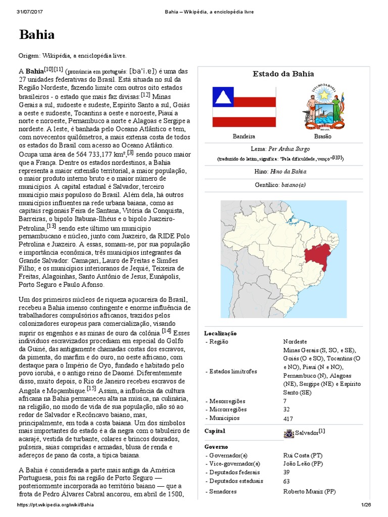Bahia - Wikipédia, A Enciclopédia Livre | PDF | Brasil | Governo