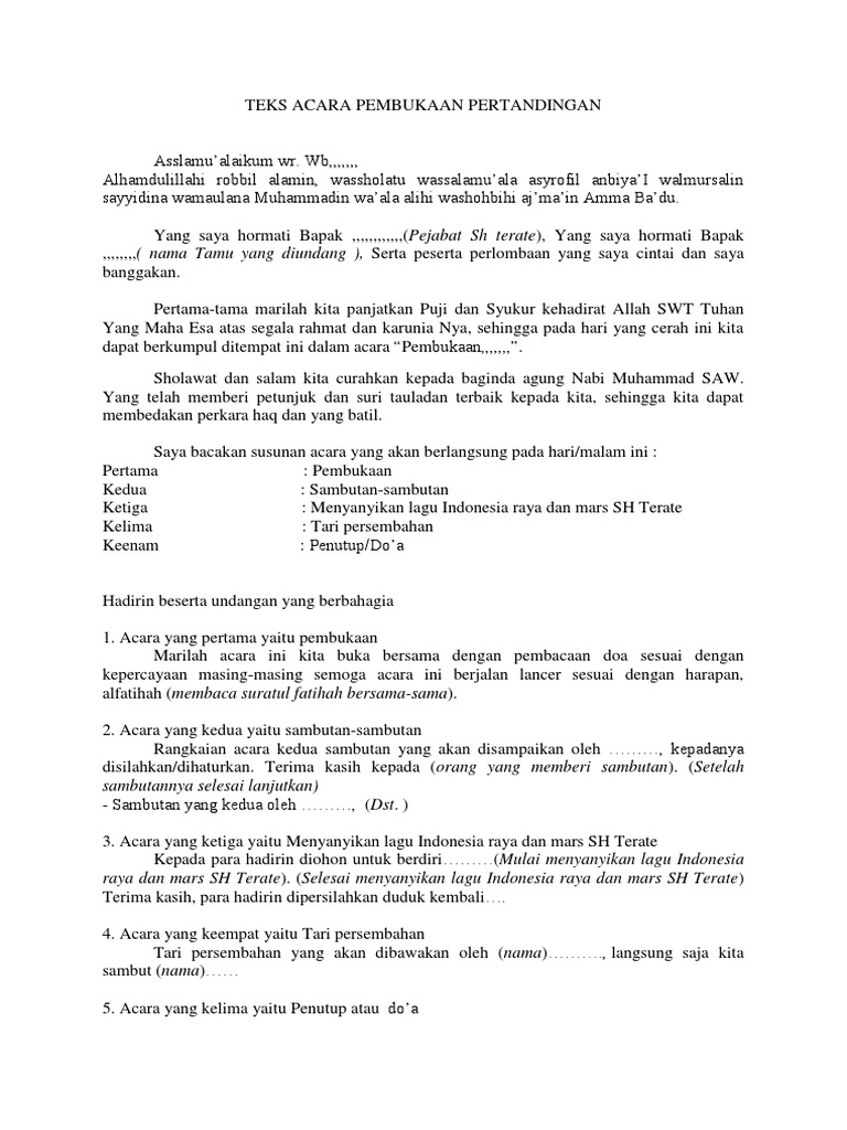 Teks Acara Pembukaan Pertandingan