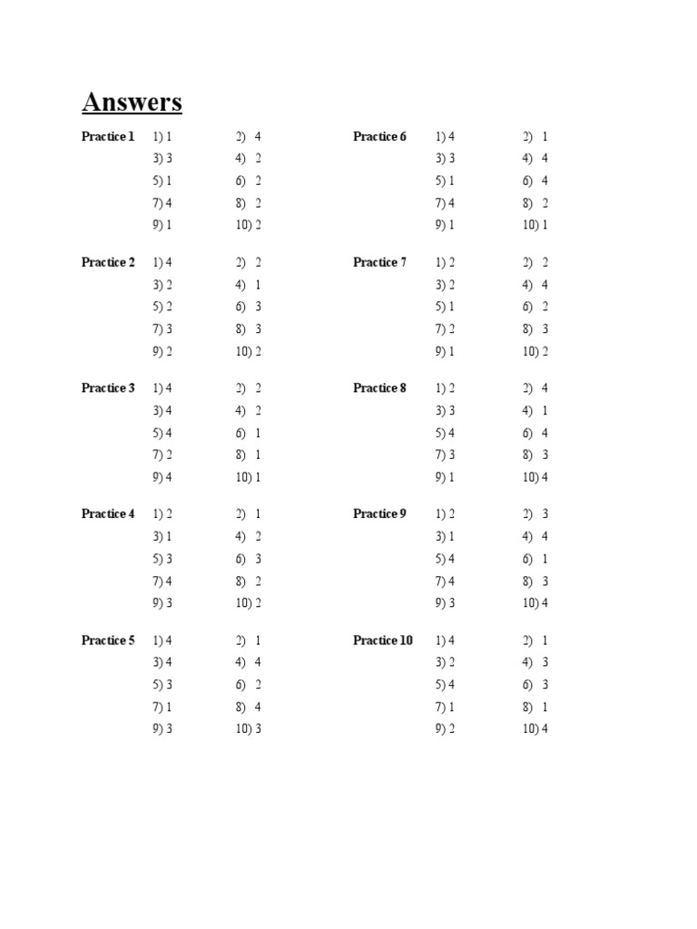 Practice Answers for Exercises 1-40 | PDF