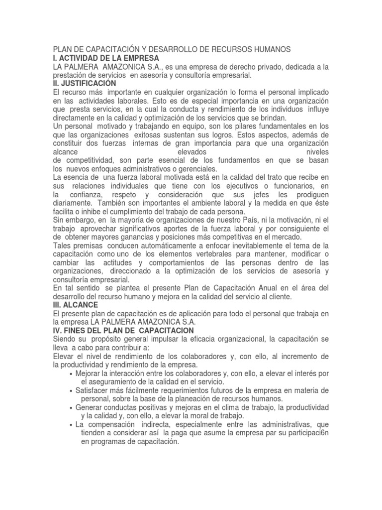 Plan de Capacitación y Desarrollo de Recursos Humanos | PDF | Recursos ...
