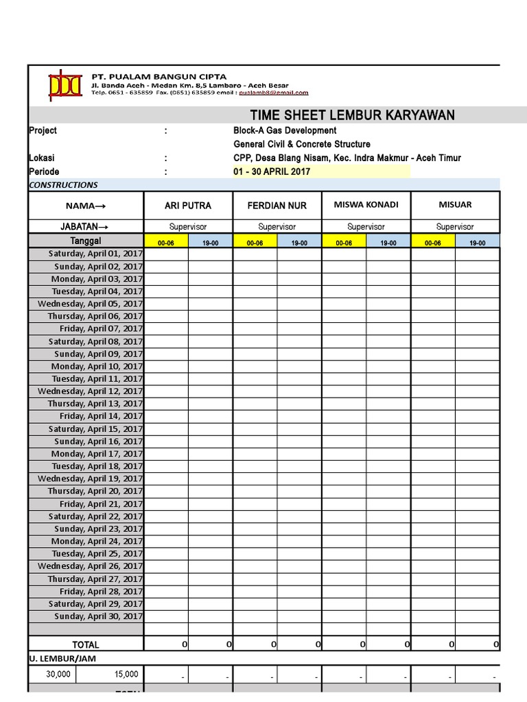 Contoh Time Sheet Lembur Staff Mei 2017