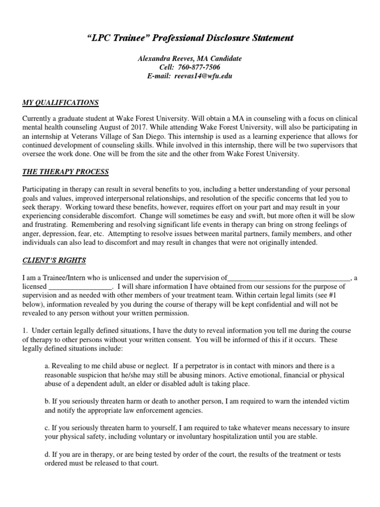 LPC Trainee Professional Disclosure Statement | PDF | Psychotherapy ...