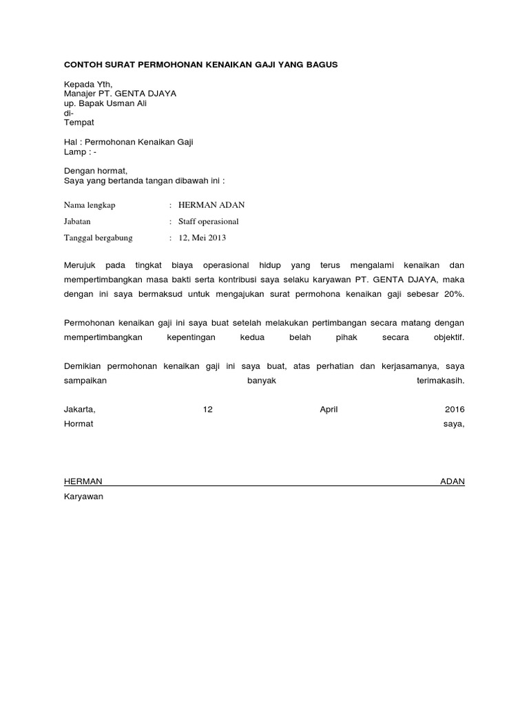 Contoh Surat Permohonan Kenaikan Gaji Ya