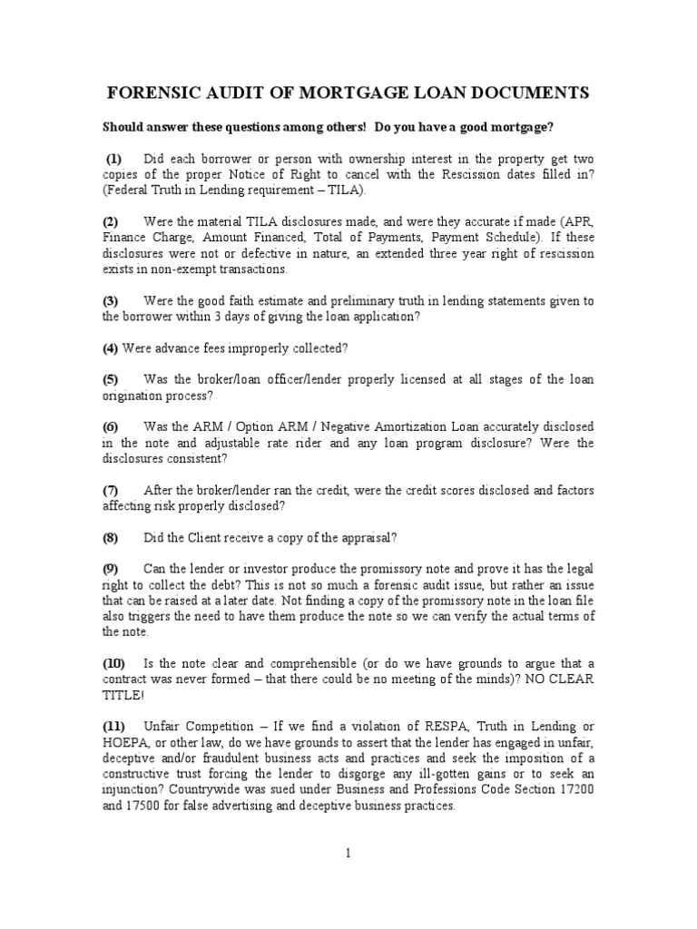 Forensic Audit of Mortgage Compliance | PDF | Truth In Lending Act | Loans