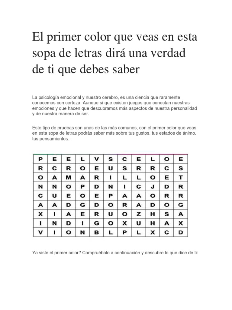 El Primer Color Que Veas en Esta Sopa de Letras Dirá Una Verdad de Ti