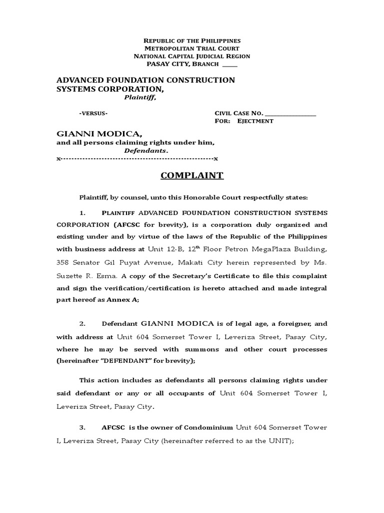 Complaint Advanced Foundation Construction Systems Corporation PDF