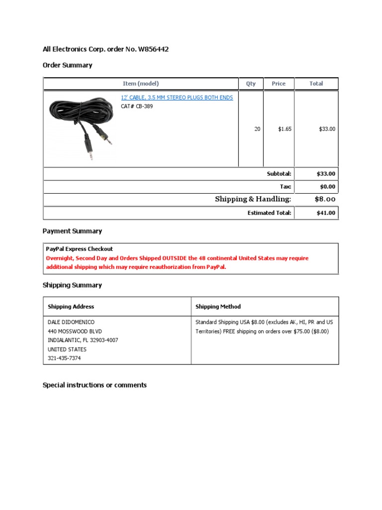 Order Summary for 12' Stereo Cable | PDF