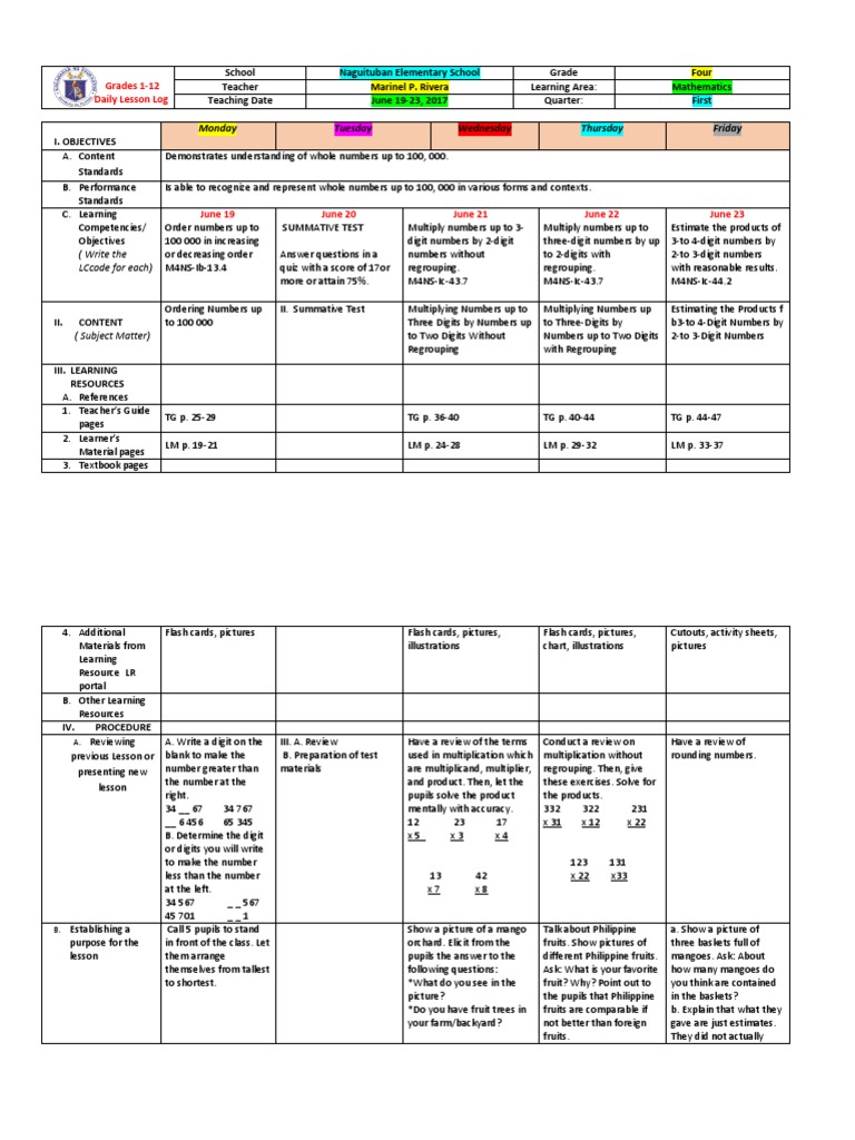 Grade 4 Math Lesson Plan | PDF | Multiplication | Teaching Mathematics