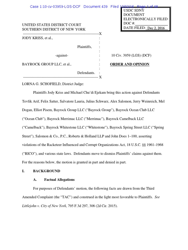Kriss I vs. Bayrock Trump Soho Judgement On Motion To Dismiss PDF Pleading Complaint