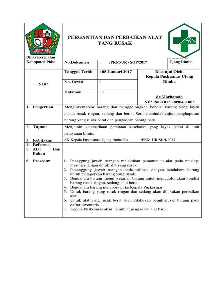 Sop Pergantian Dan Perbaikan Alat Yang Rusak