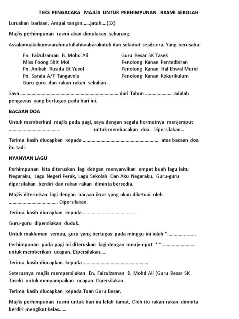Teks Pengacara Majlis Untuk Perhimpunan Rasmi Sekolah Pdf