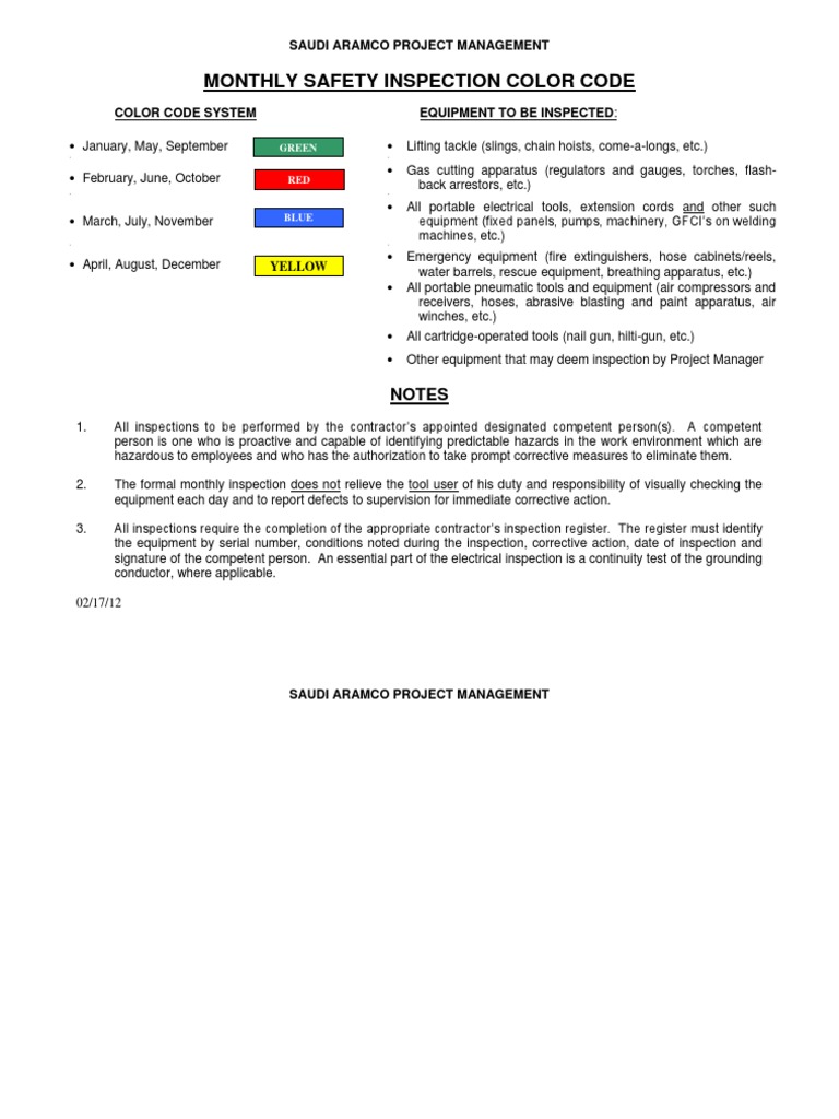 Saudi aramco project management monthly safety inspection color code